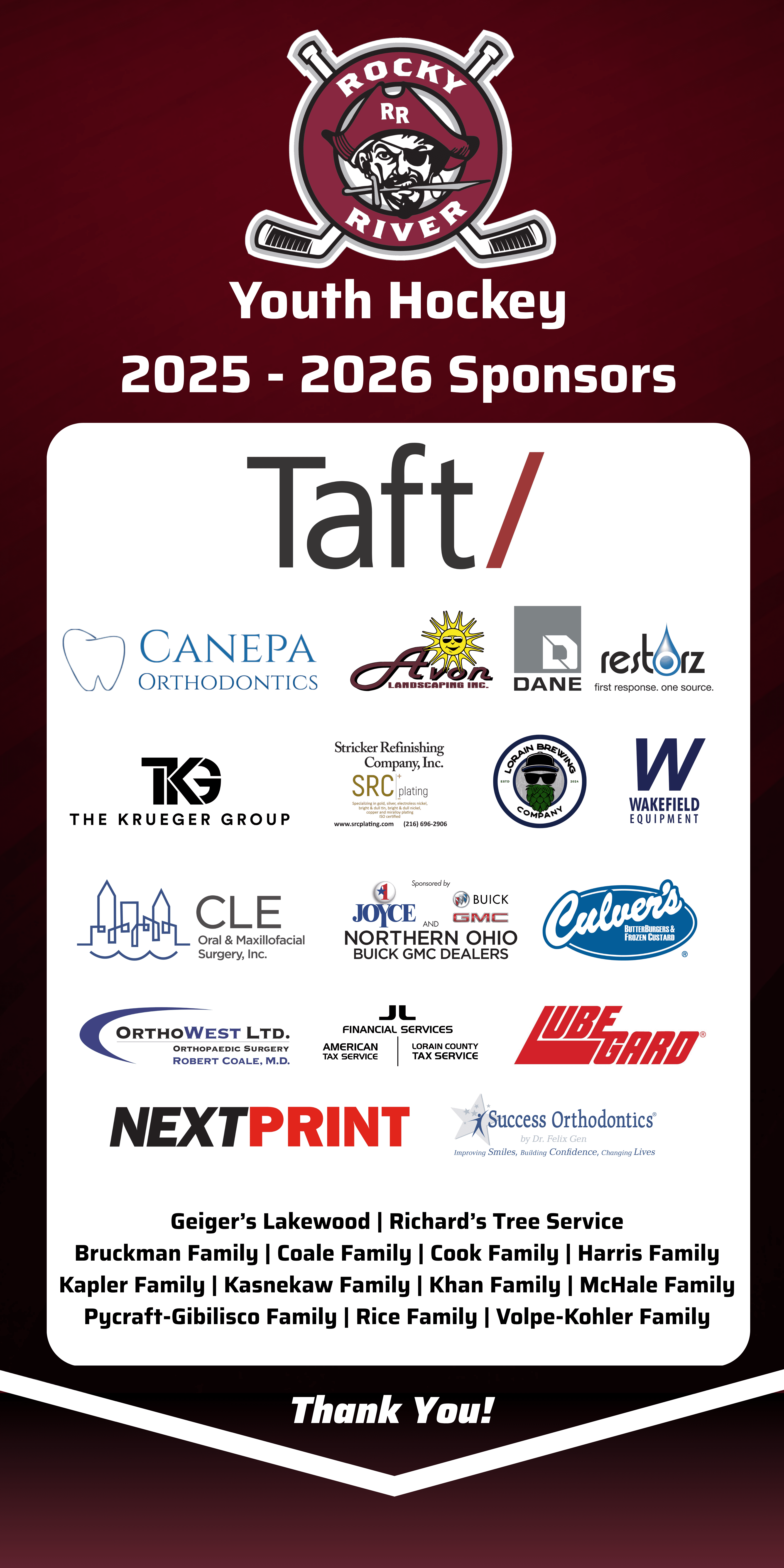 RRYH season sponsor thank-you banner listing every sponsor by name