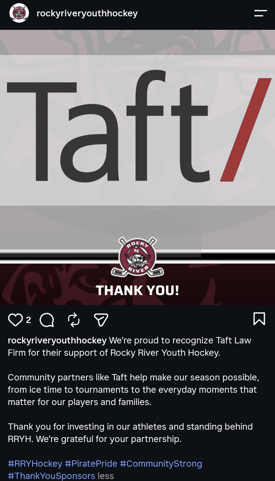 RRYH Instagram post thanking a sponsor for their support