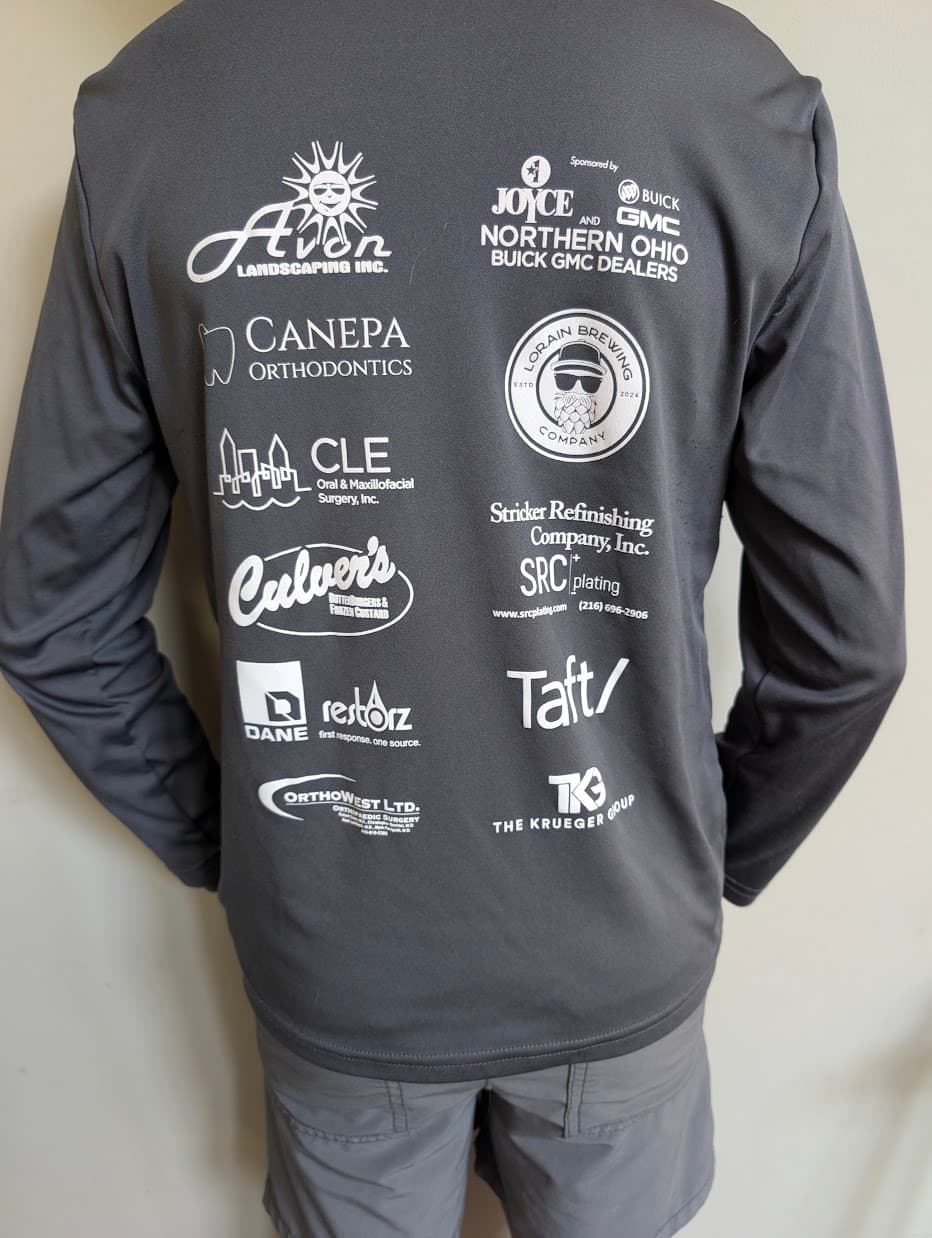 Sponsor logos printed on the back of an RRYH player warmup shirt